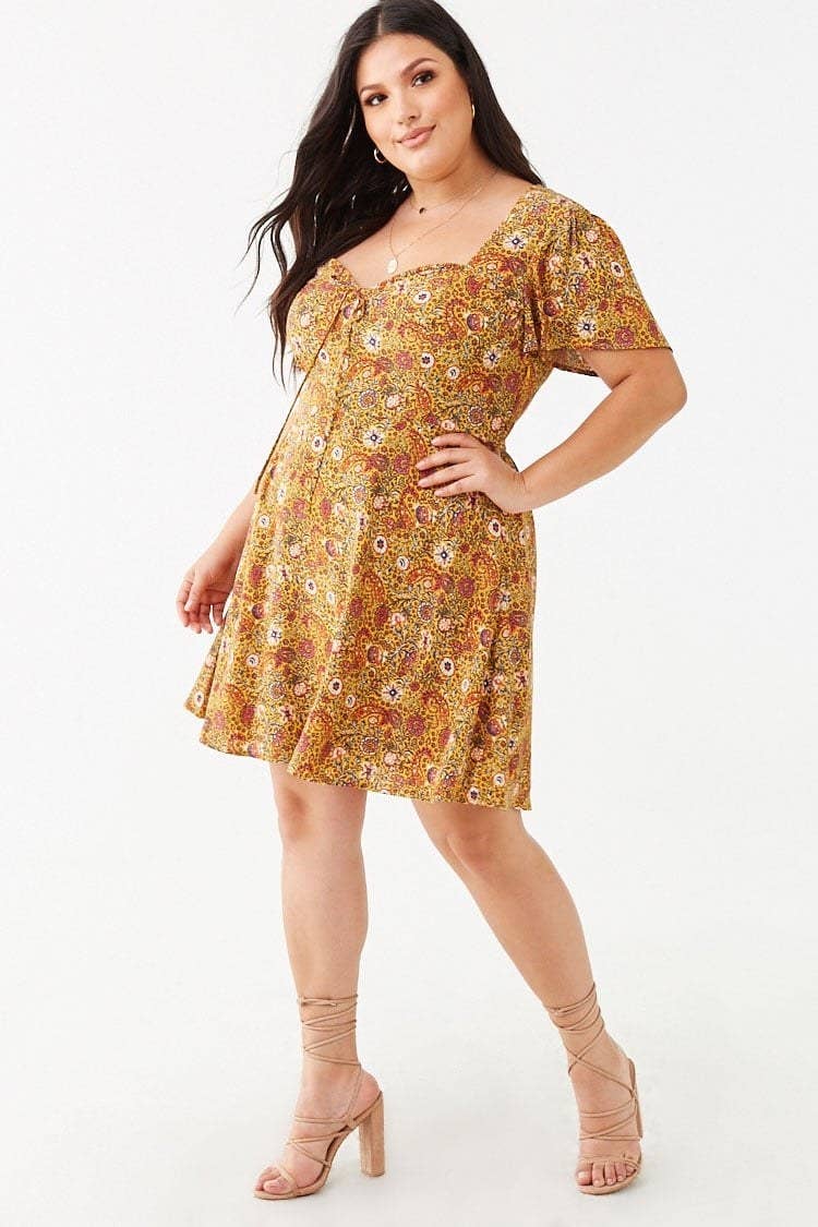 open lace back dress Plus Size Floral Tiered Ruffle Mini Dress