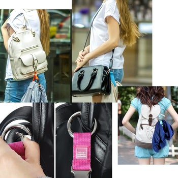 collage of pictures showing how the strap can be used to secure a lot of different travel items