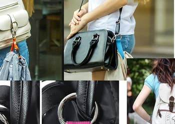 multiple images of the strap being placed on different bags