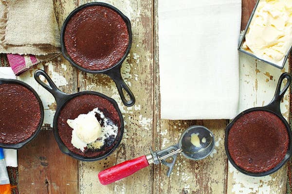 Brownies and ice cream in small skillets