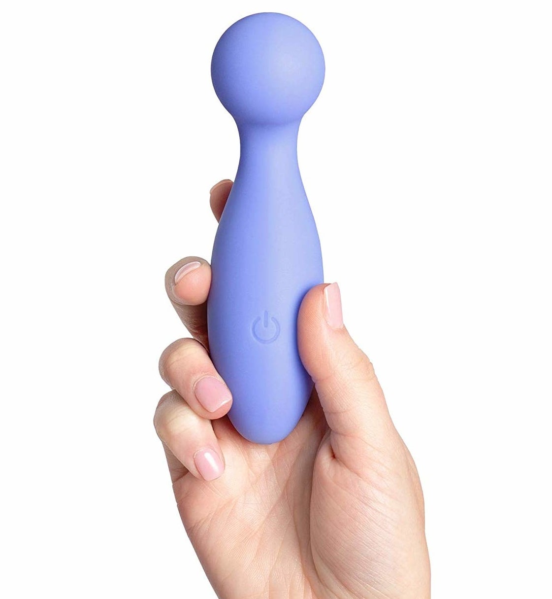 hand holding five-inch purple toy with a rounded elongated shaft and sphere-like head