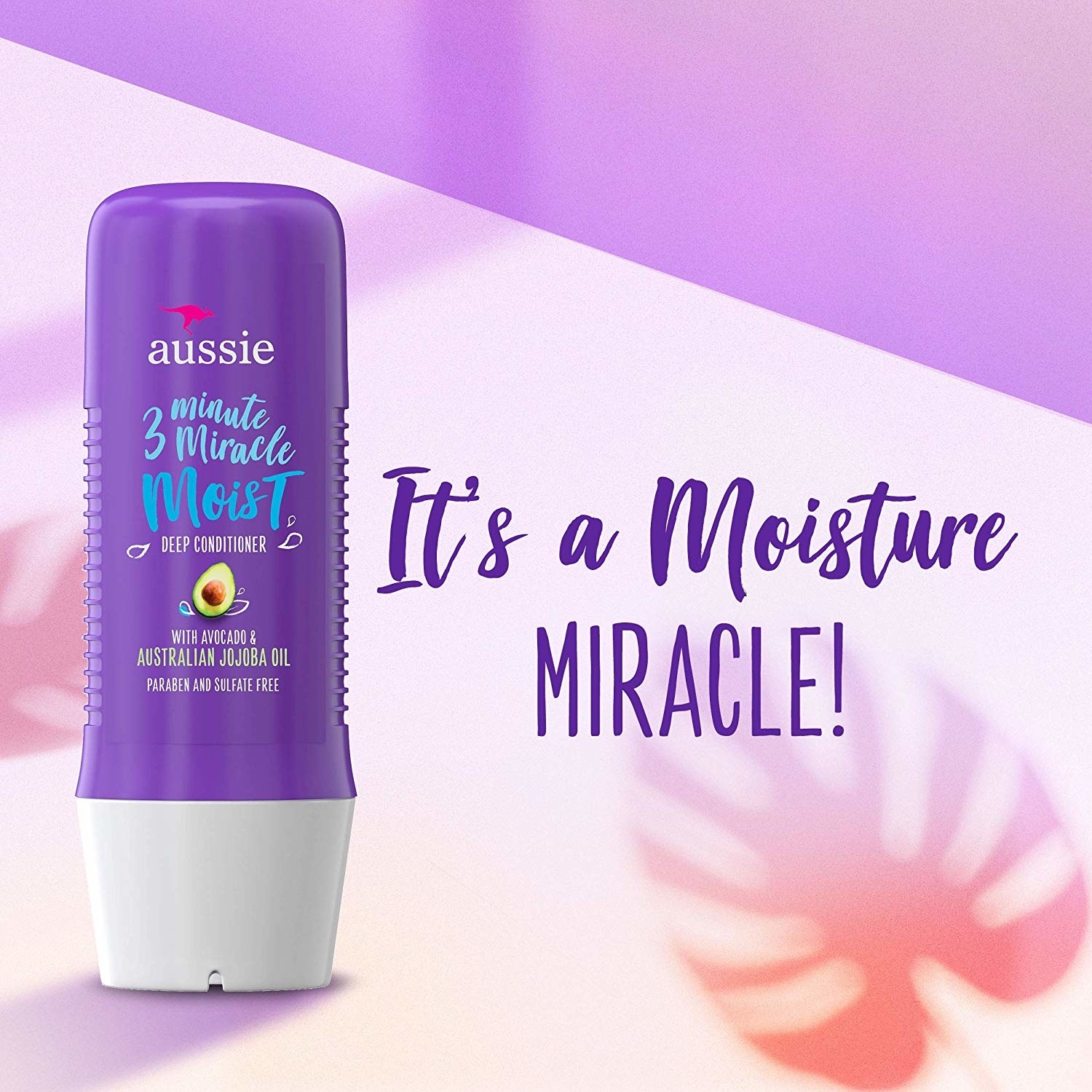 The bottle of conditioner with text &quot;it&#x27;s a moisture miracle!&quot;