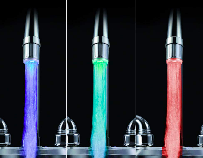 Three images of water coming out of a faucet in three different colors
