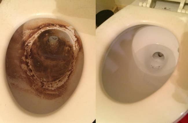 left: reviewer's before image of toilet filled with dark stains / right: after image of same toilet looking clean with no stains