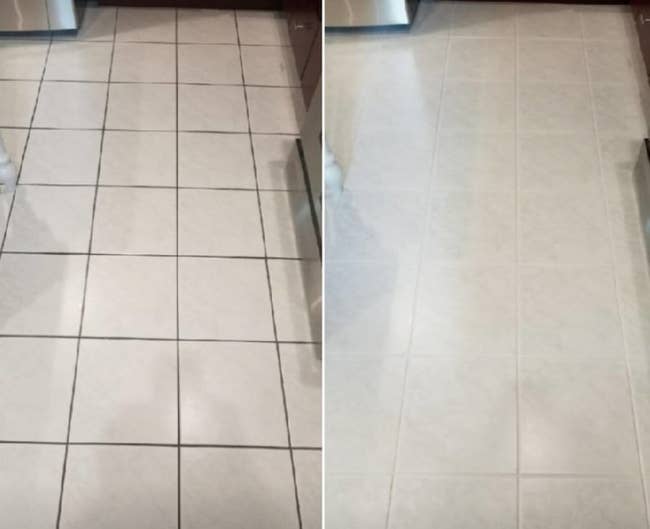 before image of reviewer's floor with dark grout stains and an after image of the grout completely cleaned