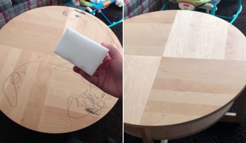 before/after image of table with scribble markers with the after photo showing no more marks