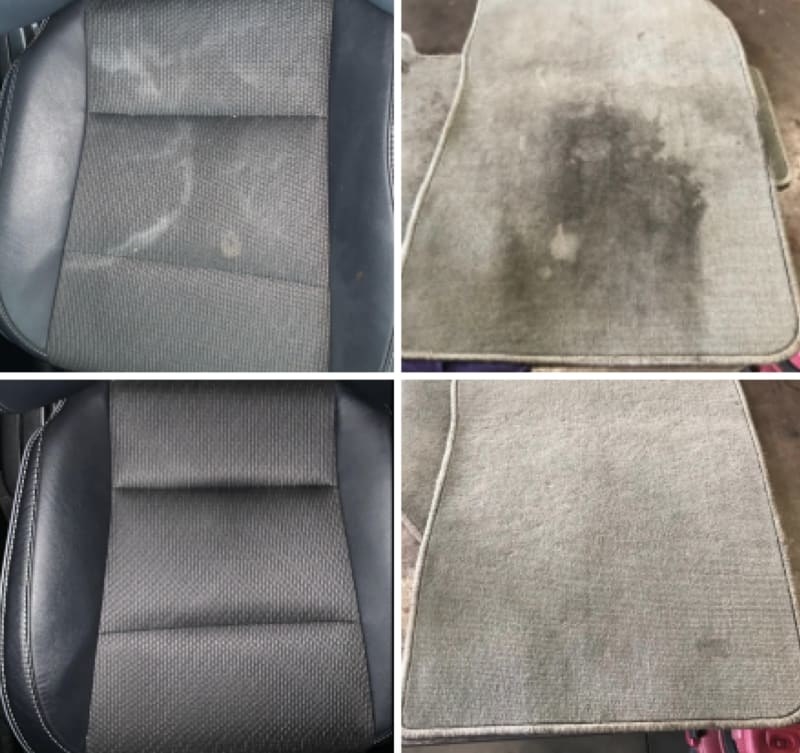 before photos of reviewer&#x27;s car seat and floor mats with tons of stains and then after images showing them cleaned without stains