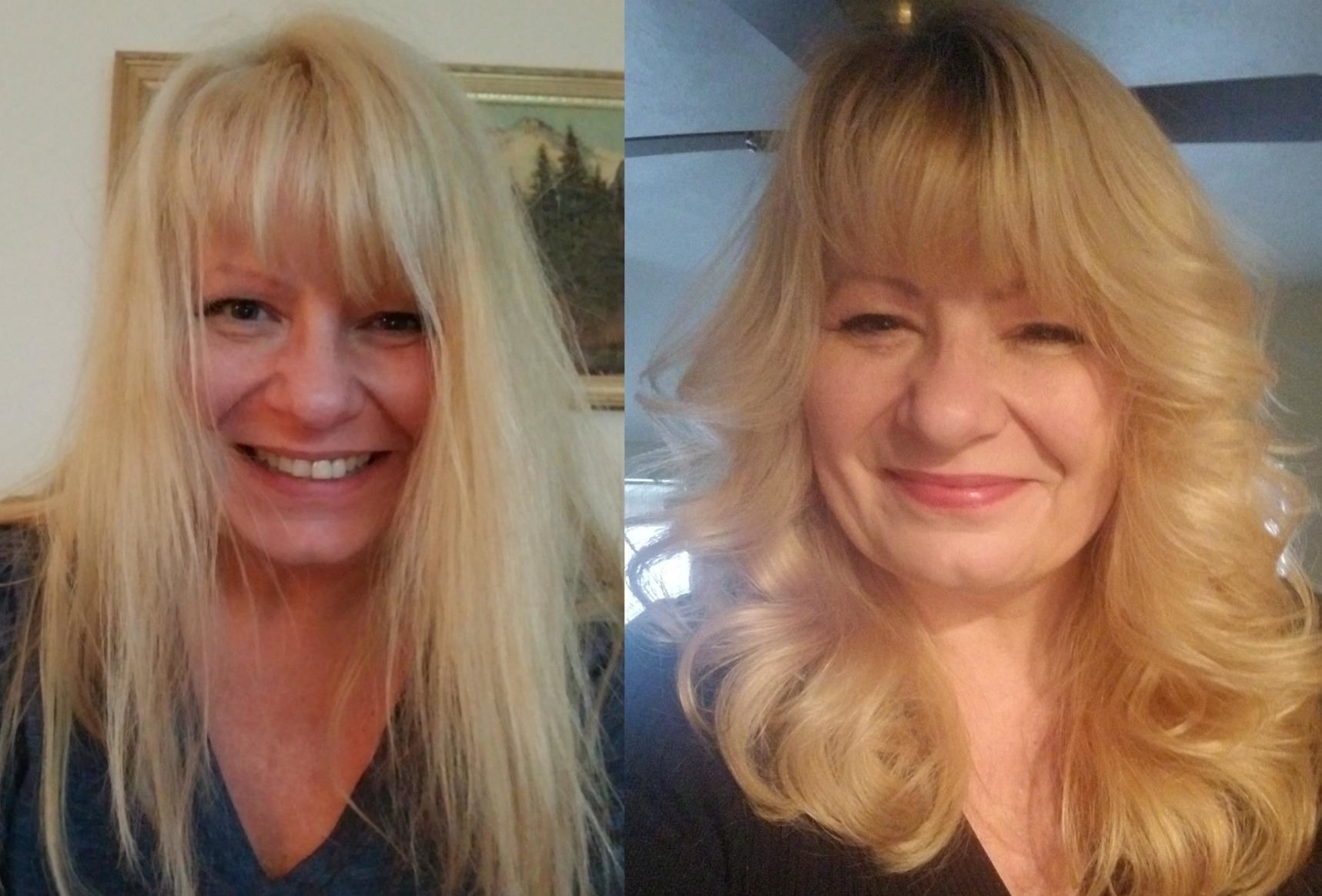A reviewer: on the left with straight hair and on the right with shiny voluminous &#x27;70s style curls