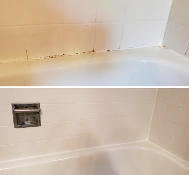 before image of reviewer&#x27;s tub grout with mold and after image showing the mold gone after using gel