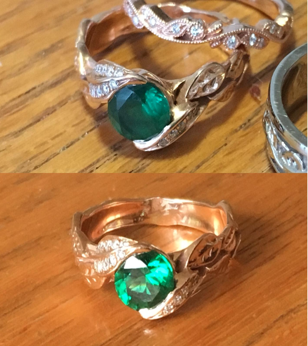 A reviewer&#x27;s emerald ring in two photos: in the top the stone looks clouded and on the bottom it&#x27;s sparkling and bright
