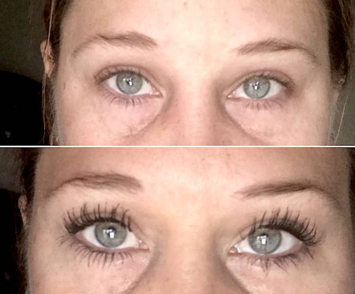 Reviewer&#x27;s before/after pic using the mascara. The after pic shows longer, fuller-looking lashes.