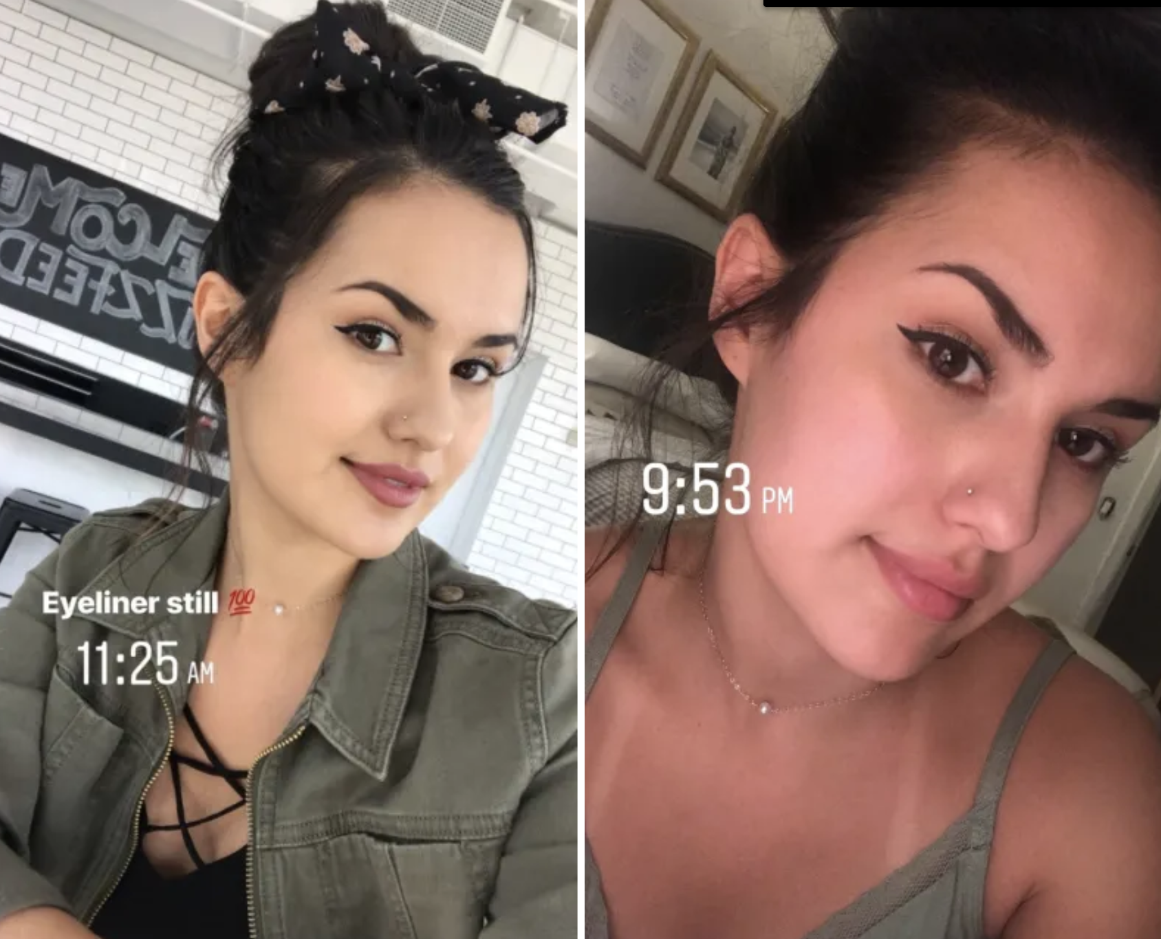 BuzzFeed editor Kayla Suazo&#x27;s before/after pic showing the eyeliner still in tact at night after a workout and all day of wear