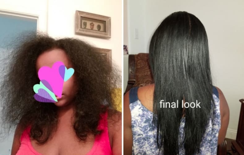 Reviewer&#x27;s before/after pic using the thermal spray. The after pic shows sleek shiny hair after styling.