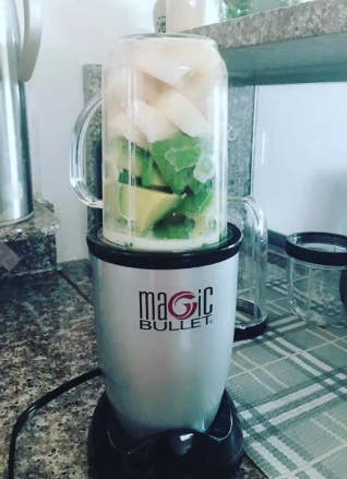 Reviewer's magic bullet with chunks of food inside to be blended