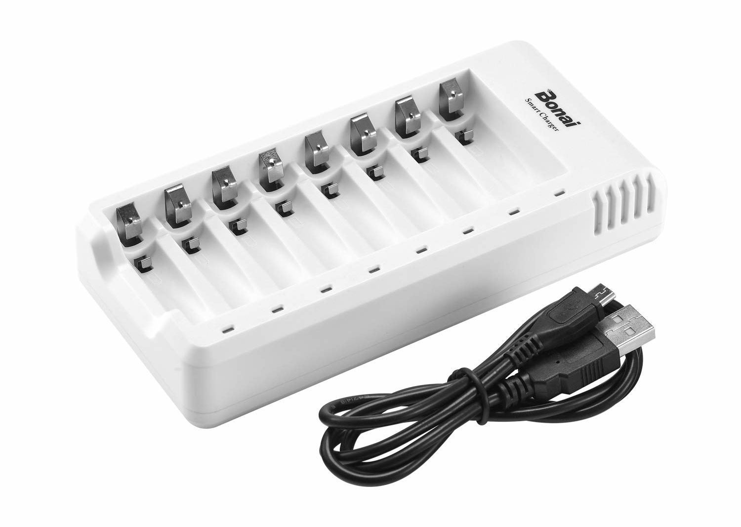the white battery charger with 8 charging slots