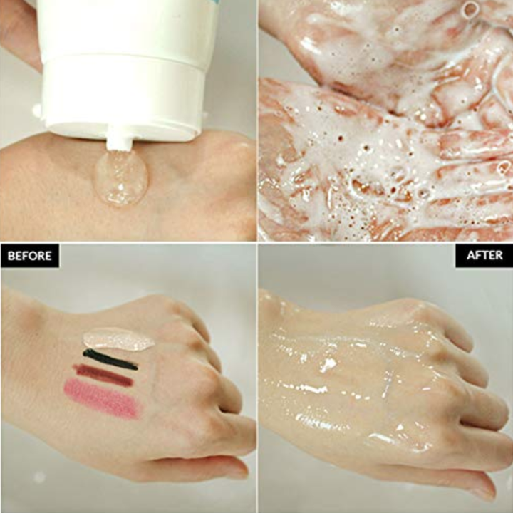 Top left shows hand squirting cleanser on top of wrist, top right shows cleanser foaming, bottom left shows makeup streaks on hand, bottom right shows clear hand after using cleanser