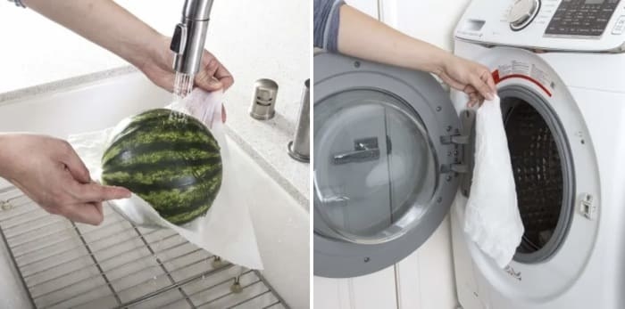 (left) hands holding the white towel with a watermelon in it under the faucet (right) hand putting the towel into the washing machine