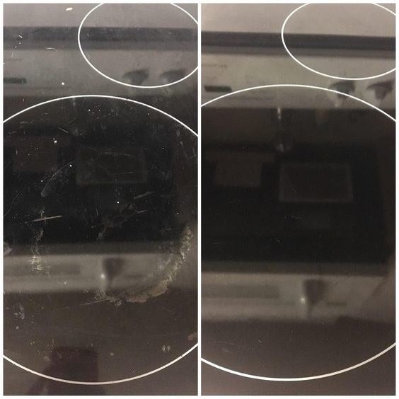 Reviewer&#x27;s before-and-after picture of scratched stovetop and then new-looking stovetop 
