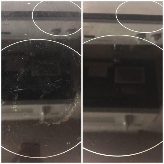Reviewer's before-and-after picture of scratched stovetop and then new-looking stovetop