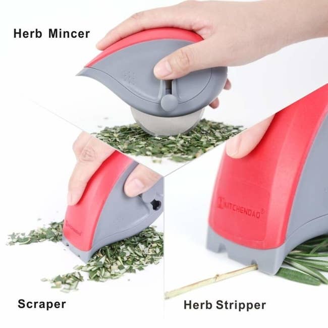 the red and grey tool showing how it can mince, scrape, and strip herbs