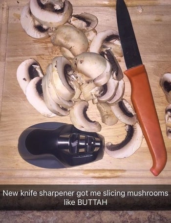 Same reviewer's picture of sliced mushrooms with caption 