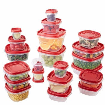 The red and clear containers in different sizes