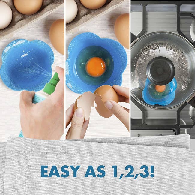 Images showing the steps: spray the cups, crack the egg in, and boil with text 