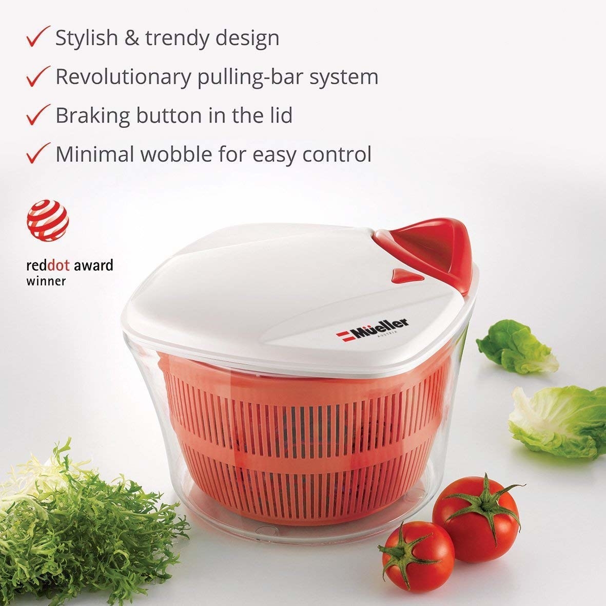 the red and white salad spinner