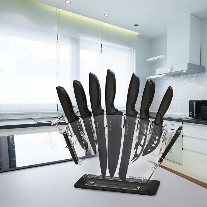 A see through knife block with knives inside