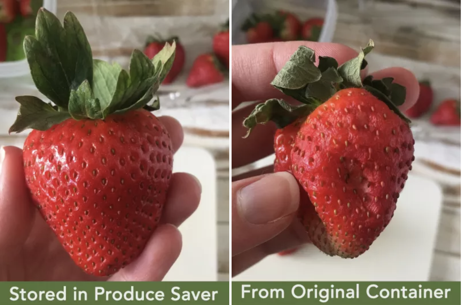 A BuzzFeed Shopping reviewer&#x27;s image comparing a strawberry kept fresh in the Rubbermaid container with one kept in the original clamshell (significantly soft and mushy)