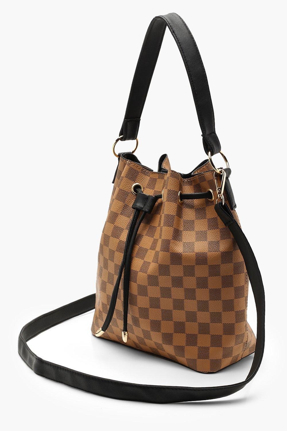 The brown checkered bag with black straps and gold hardware