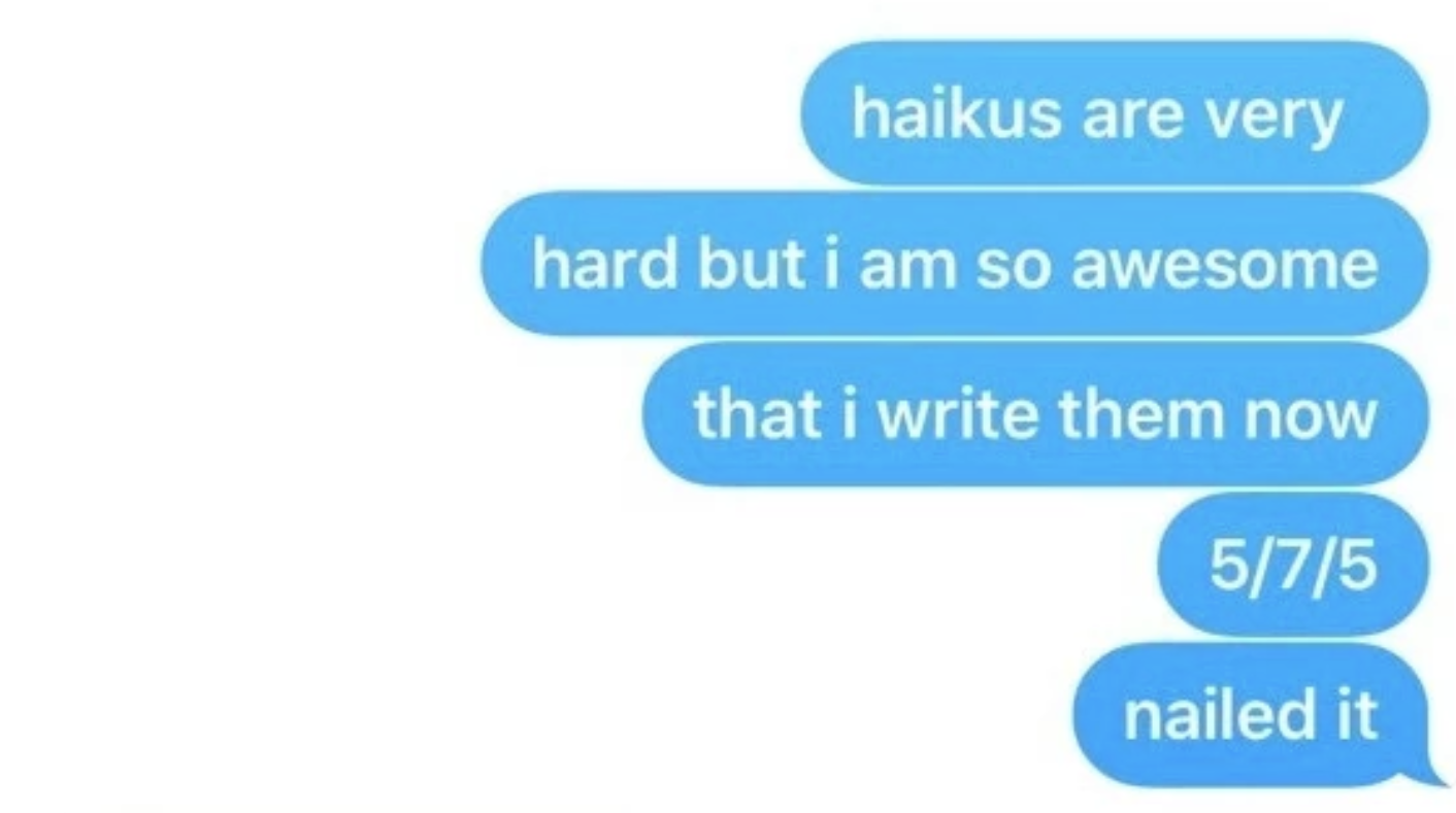 &quot;haikus are very hard but i am so awesome that i write them now 5/7/5 nailed it&quot;