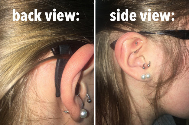 A reviewer&#x27;s back view of their ear, where you can see the item, which slides onto their frames and has a little curved arm to hold behind their ear. And the side view: where you can barely see just one top corner of the item