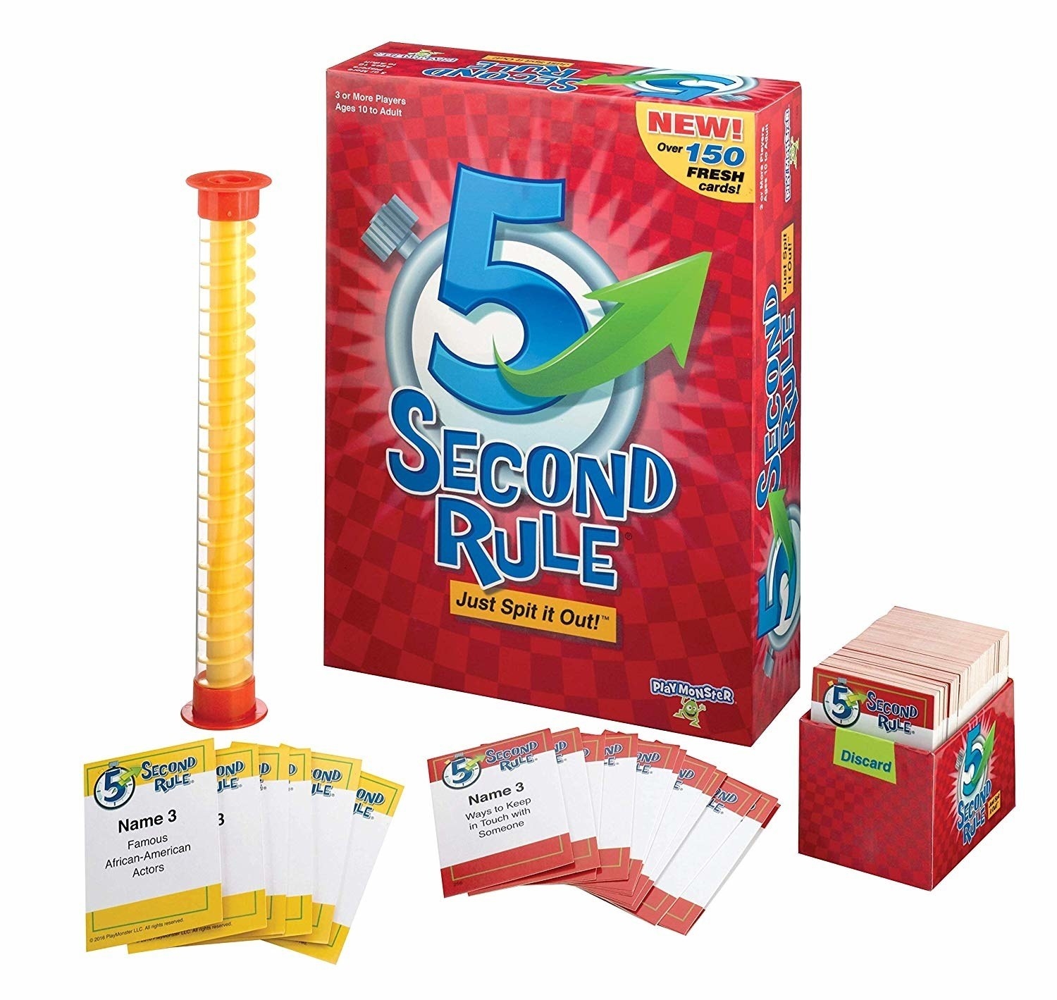 The game box, yellow tower timer, and red and yellow cards
