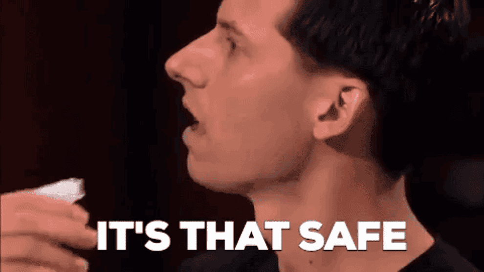 Gif of man spraying the cleaner into his mouth with caption &quot;it&#x27;s that safe&quot;