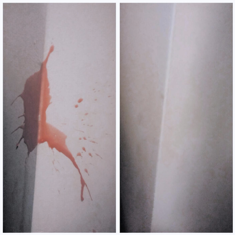 reviewer photo showing before and after photos using the magic erase sponge to clean wine off their wall, revealing no remnants of the stain after using the sponge 