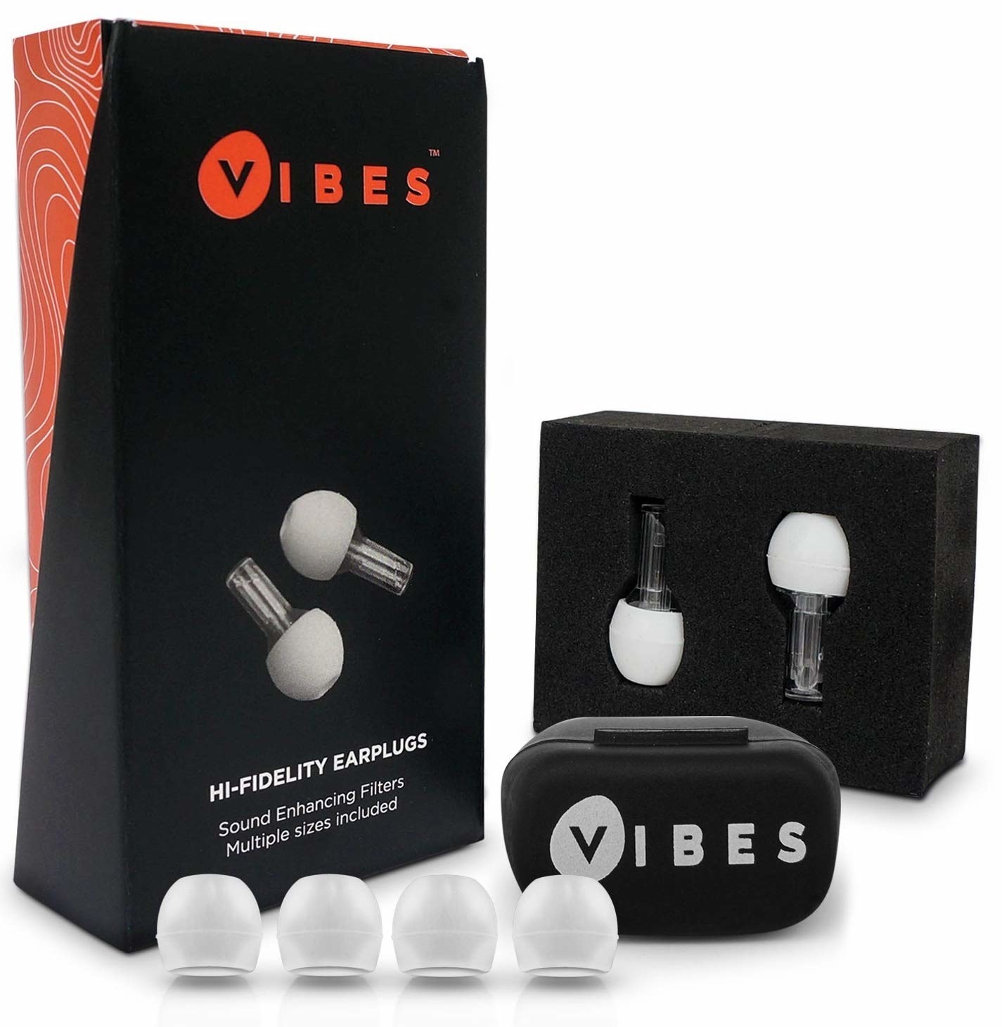 Packaging and carrying case with four clear earbuds in front 