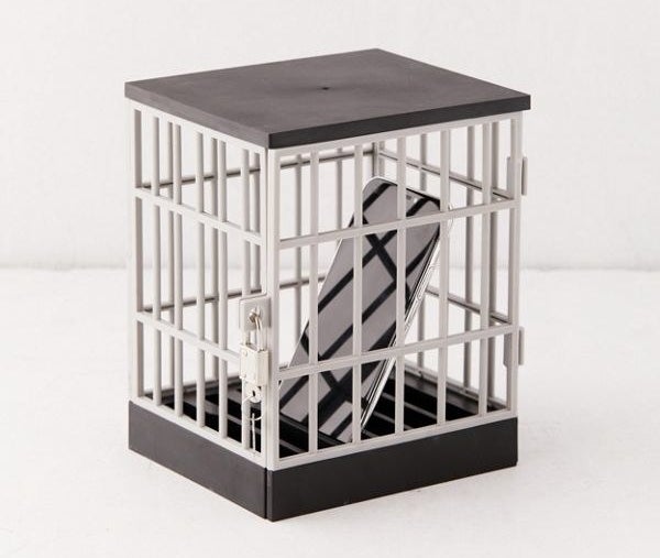 a phone inside a small cage
