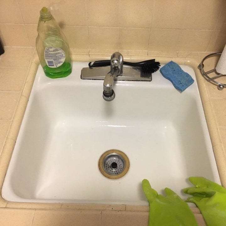 and the same reviewer's sink after, looking clean, spotless, and shiny
