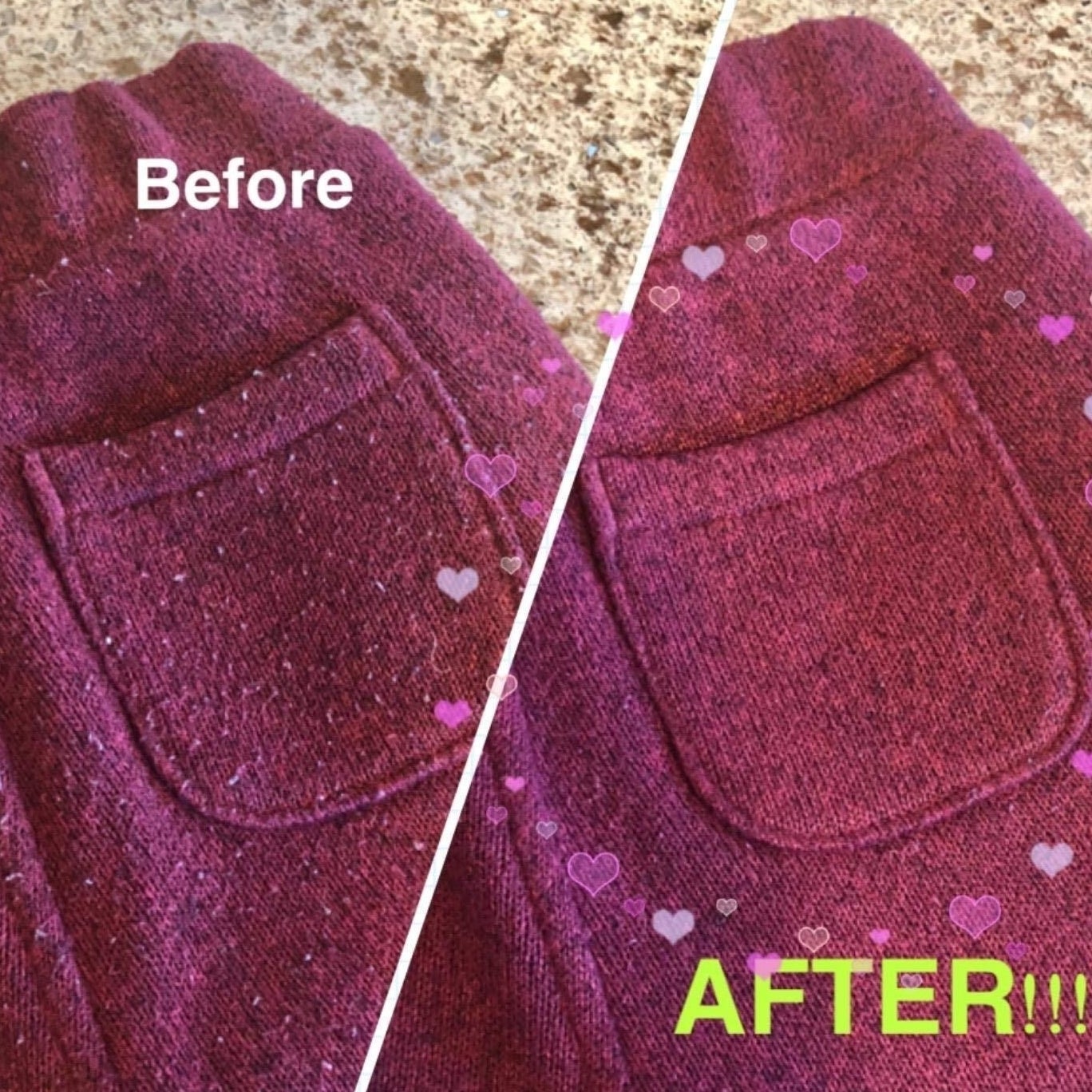 A reviewer&#x27;s knit sweater before: with pills all over and after: smooth, with no more pills in sight