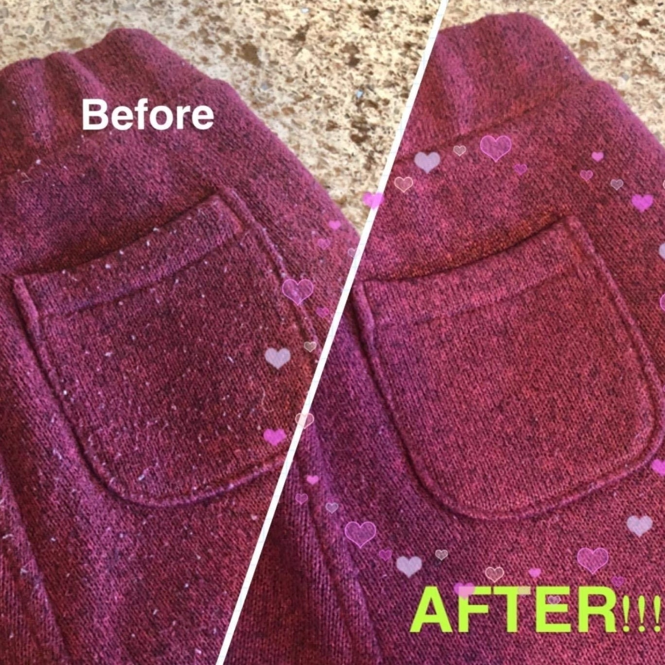 A reviewer&#x27;s knit sweater before: with pills all over and after: smooth, with no more pills in sight