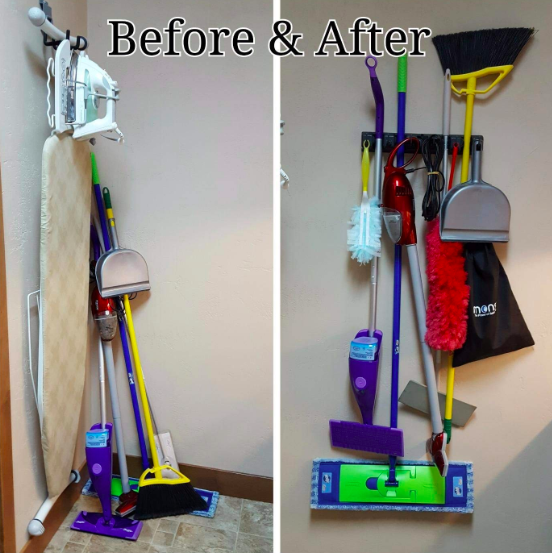 a before shot of a cluttered broom corner and after shot of brooms and mops hanging from the tool holder