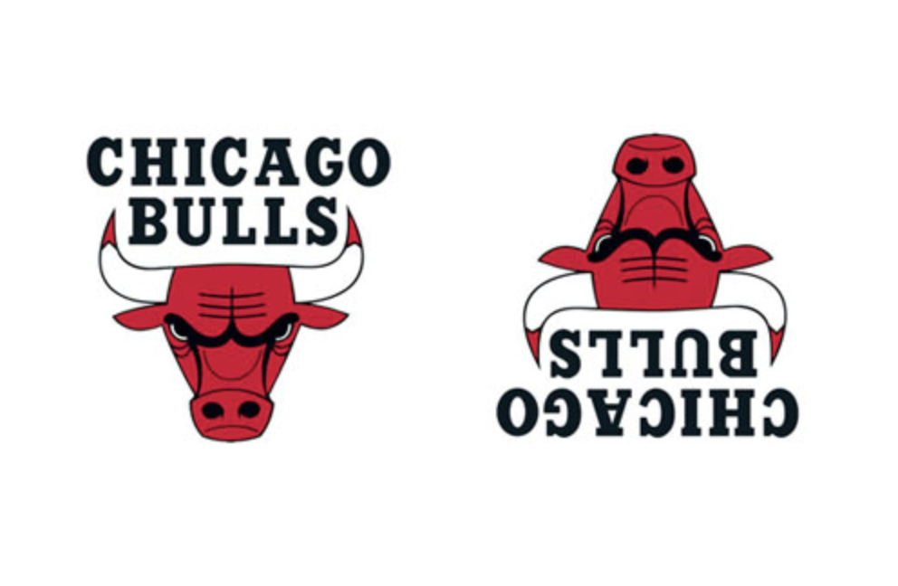 "The Chicago Bulls logo upside down is a robot reading a book. 