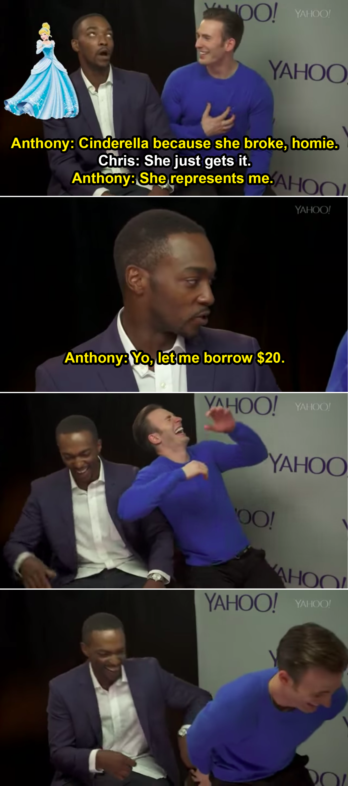 Anthony saying, &quot;Cinderella because she broke, she represents me; homie, yo, let me borrow $20,&quot; and Chris falling off his chair