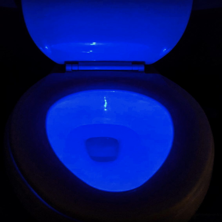 a reviewer photo of a glowing blue toilet