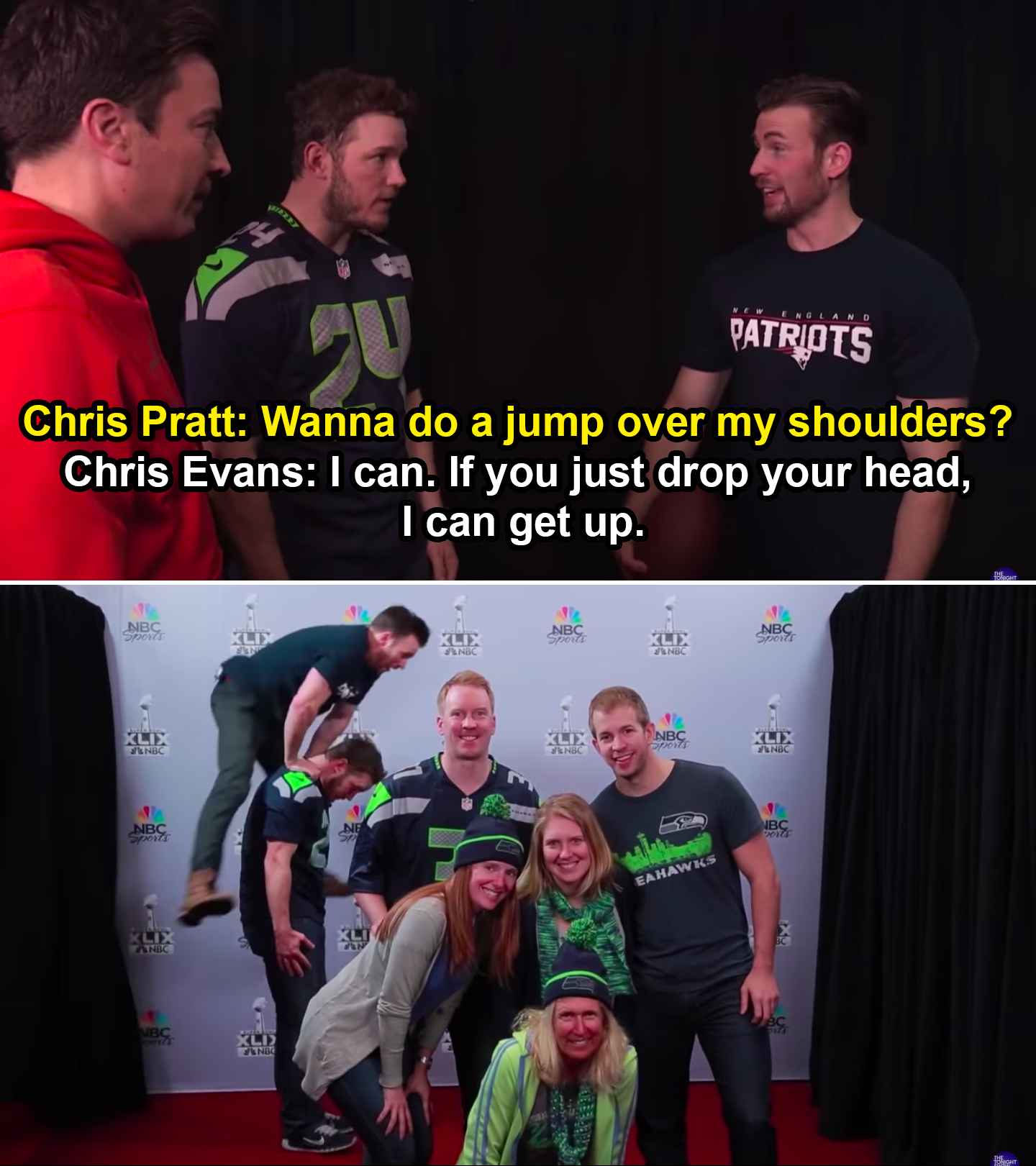 Chris Evans saying to Chris Pratt, &quot;If you just drop your head, I can get up&quot; and then leapfrogging over a standing Chris Pratt