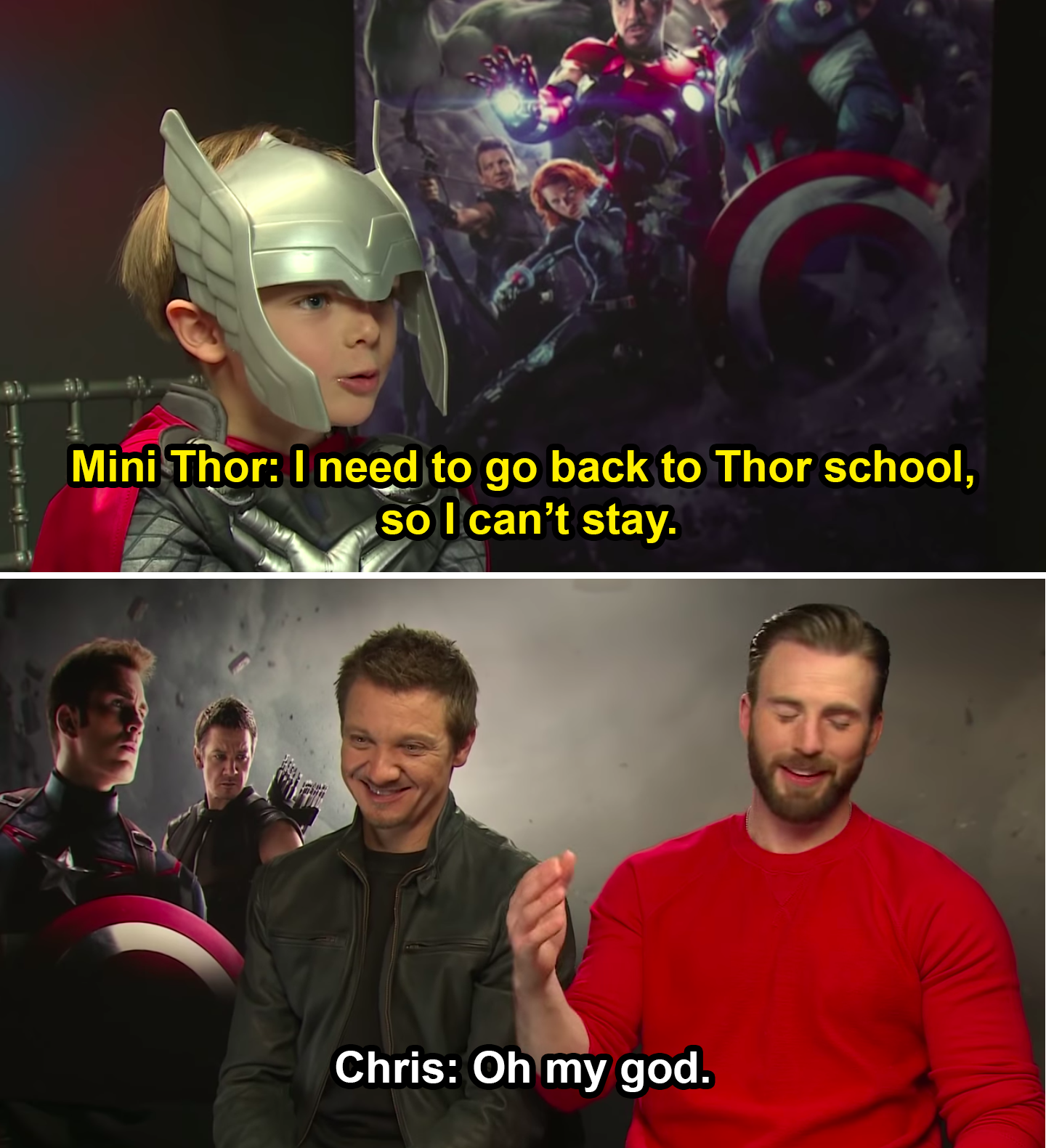 Kid in a Thor costume saying, &quot;I need to go back to Thor school,&quot; and Chris saying, &quot;Oh my god&quot;