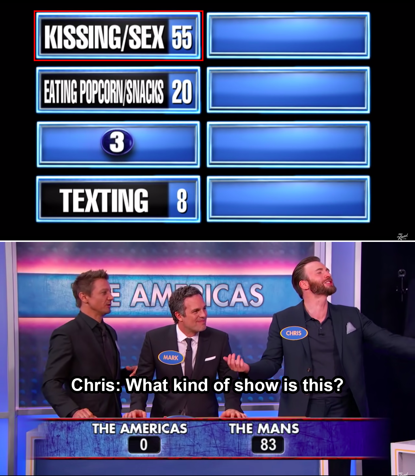 Chris Evans saying, &quot;What kind of show is this?&quot; to the answer &quot;Kissing/Sex&quot;