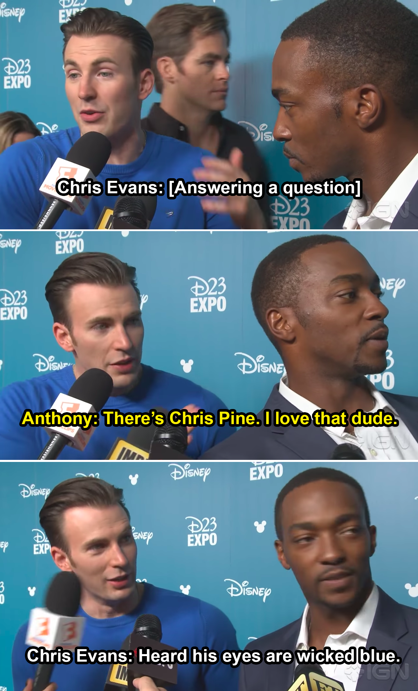 Chris Evans seeing Chris Pine and saying, &quot;Heard his eyes are wicked blue&quot;