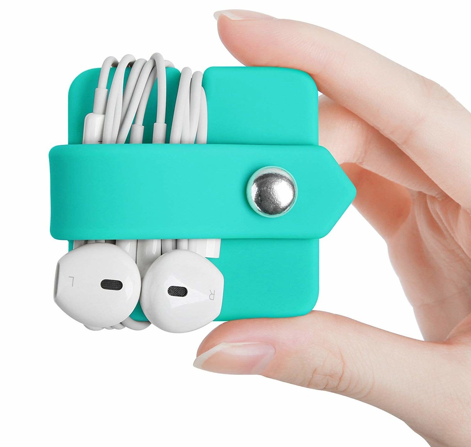 Model holding up the earbud organizer